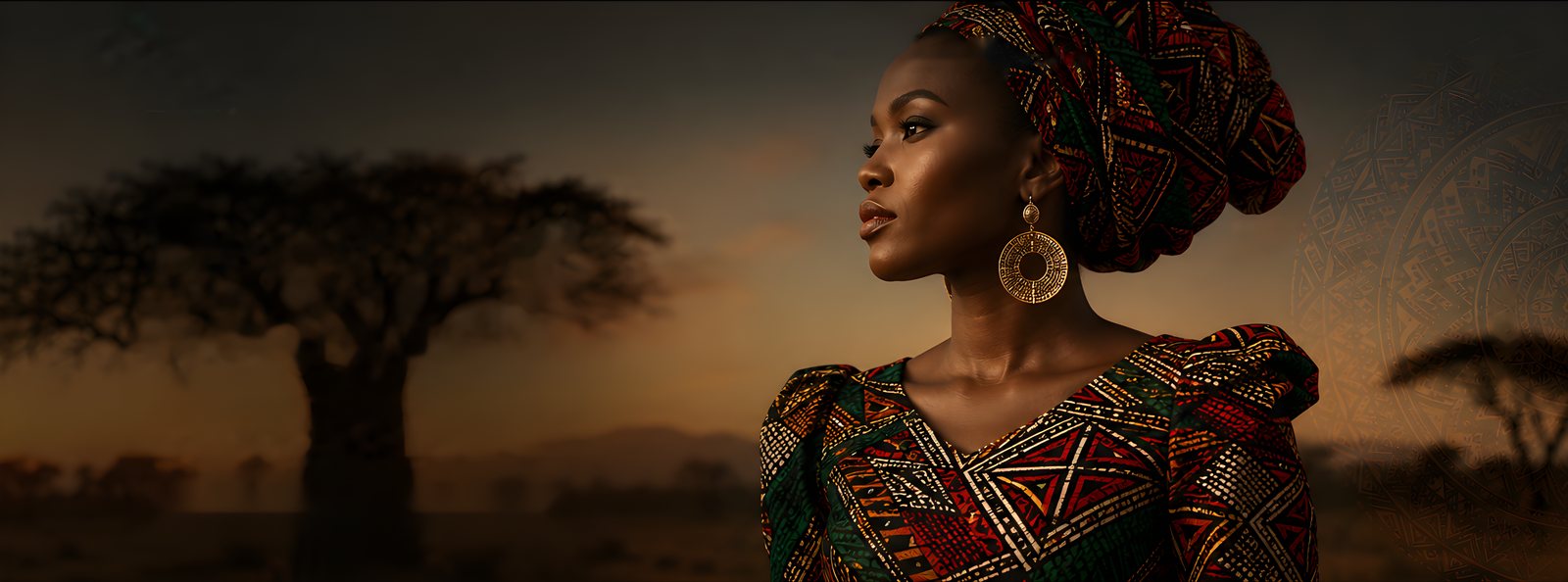 Woman in a KenNuela dress and head wrap in Kenyan print, baobab savanna at sunset